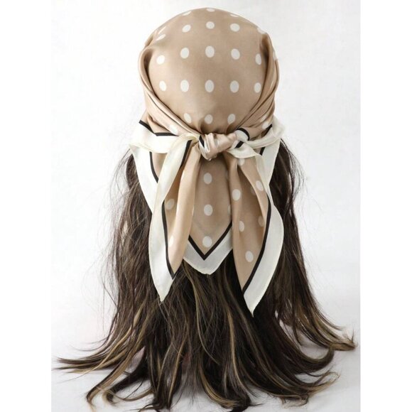 Luxury Elegant Bandana Square Scarf Silky Satin Soft Beige Dots multifunctional - Picture 3 of 8